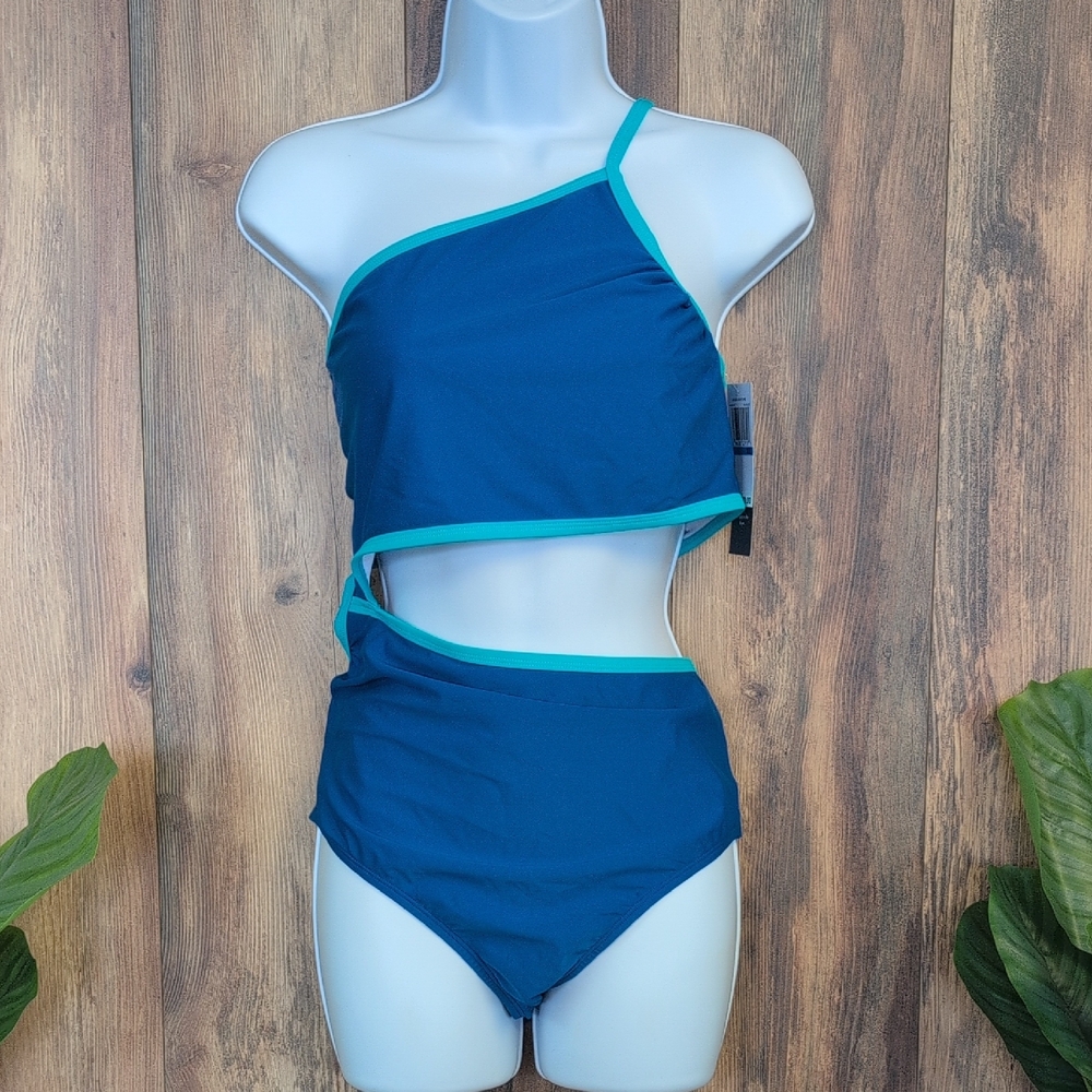 Aqua Couture Teal/Blue Asymmetrical One-Piece Split Side Swimsuit XL D501